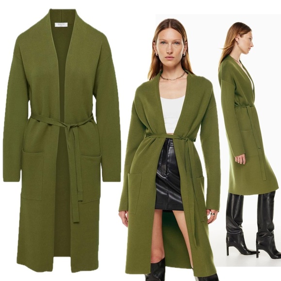 Aritzia Babaton Knit Deep Green Ty Midi Long Sleeve Wrap Cardigan Jacket Robe - Picture 1 of 17